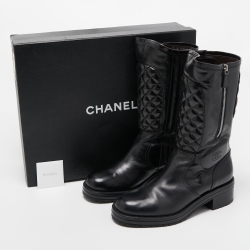 Pre Owned Chanel Black Quilted Leather Mid Calf Boots Size 41.5