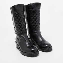 Pre Owned Chanel Black Quilted Leather Mid Calf Boots Size 41.5