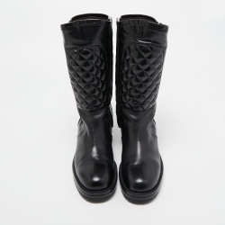 Pre Owned Chanel Black Quilted Leather Mid Calf Boots Size 41.5