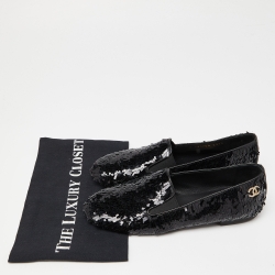 Pre Owned Chanel Black Sequin CC Smoking Slippers Size 37.5