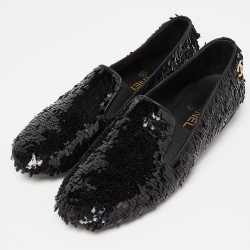 Pre Owned Chanel Black Sequin CC Smoking Slippers Size 37.5