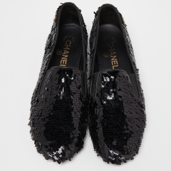 Pre Owned Chanel Black Sequin CC Smoking Slippers Size 37.5