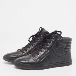 Pre Owned Chanel Black Leather CC Double Zip Accent High Top Sneakers Size 40