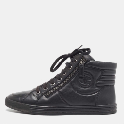 Pre Owned Chanel Black Leather CC Double Zip Accent High Top Sneakers Size 40