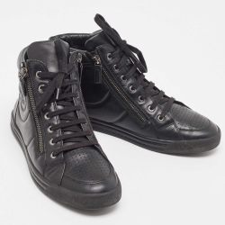 Pre Owned Chanel Black Leather CC Double Zip Accent High Top Sneakers Size 40