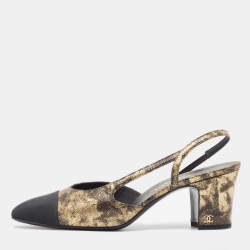 Chanel Black/Gold Leather CC Cap Toe Slingback Pumps Size 38