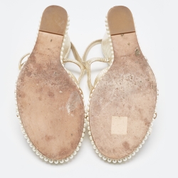 Pre Owned Chanel Gold Lizard Embossed Leather Pearl Embellished Wedge Ankle Strap Sandals Size 41