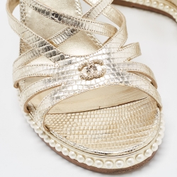 Pre Owned Chanel Gold Lizard Embossed Leather Pearl Embellished Wedge Ankle Strap Sandals Size 41