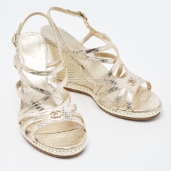 Pre Owned Chanel Gold Lizard Embossed Leather Pearl Embellished Wedge Ankle Strap Sandals Size 41