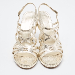 Pre Owned Chanel Gold Lizard Embossed Leather Pearl Embellished Wedge Ankle Strap Sandals Size 41