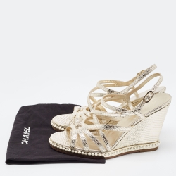Pre Owned Chanel Gold Lizard Embossed Leather Pearl Embellished Wedge Ankle Strap Sandals Size 41