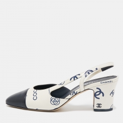 مملوكة مسبقًا Chanel Cream/Blue Leather CC Logo Interlocking Slingback Pumps Size 37.5