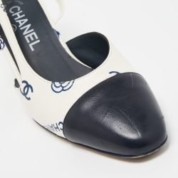 مملوكة مسبقًا Chanel Cream/Blue Leather CC Logo Interlocking Slingback Pumps Size 37.5