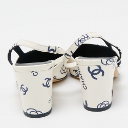 مملوكة مسبقًا Chanel Cream/Blue Leather CC Logo Interlocking Slingback Pumps Size 37.5