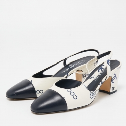 مملوكة مسبقًا Chanel Cream/Blue Leather CC Logo Interlocking Slingback Pumps Size 37.5