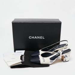 مملوكة مسبقًا Chanel Cream/Blue Leather CC Logo Interlocking Slingback Pumps Size 37.5