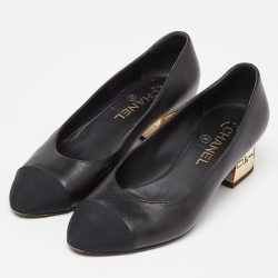 Pre Owned Chanel Black Leather and Fabric Cap Toe CC Pumps Size 37