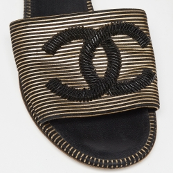 Pre Owned Chanel Black/Gold Suede Beaded CC Flat Slides Size 36