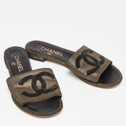 Pre Owned Chanel Black/Gold Suede Beaded CC Flat Slides Size 36