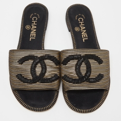 Pre Owned Chanel Black/Gold Suede Beaded CC Flat Slides Size 36