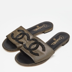 Pre Owned Chanel Black/Gold Suede Beaded CC Flat Slides Size 36