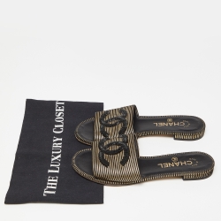 Pre Owned Chanel Black/Gold Suede Beaded CC Flat Slides Size 36