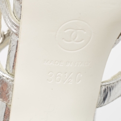 Pre Owned Chanel Silver Leather Crisscross CC Ankle Strap Sandals Size 36.5