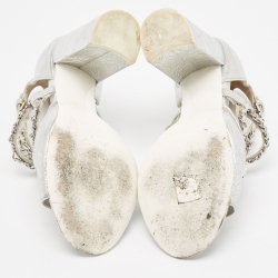 Pre Owned Chanel Silver Leather Crisscross CC Ankle Strap Sandals Size 36.5