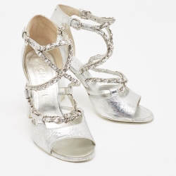 Pre Owned Chanel Silver Leather Crisscross CC Ankle Strap Sandals Size 36.5