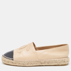 مملوكة مسبقًا Chanel Beige/Black Leather  CC Cap Toe Espadrille Flats Size 42