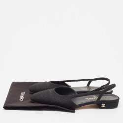 Pre Owned Chanel Black Glitter Fabric CC Slingback Flats Size 37.5