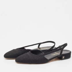 Pre Owned Chanel Black Glitter Fabric CC Slingback Flats Size 37.5