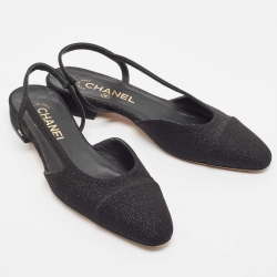 Pre Owned Chanel Black Glitter Fabric CC Slingback Flats Size 37.5