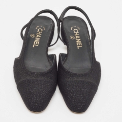 Pre Owned Chanel Black Glitter Fabric CC Slingback Flats Size 37.5