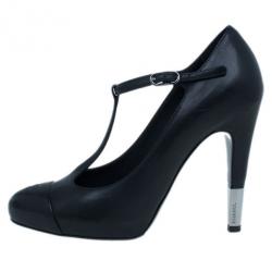 Pre Owned Chanel Black Leather CC T Strap Pumps Size 37.5