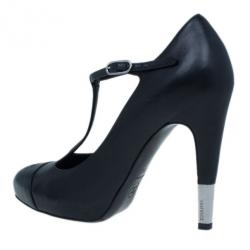 Pre Owned Chanel Black Leather CC T Strap Pumps Size 37.5