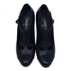 Pre Owned Chanel Black Leather CC T Strap Pumps Size 37.5