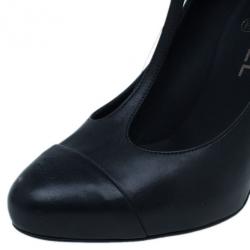 Pre Owned Chanel Black Leather CC T Strap Pumps Size 37.5