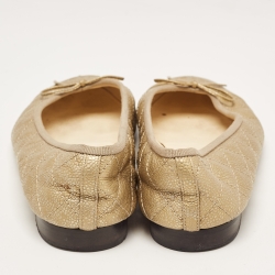 Pre Owned Chanel Gold Quilted Caviar Leather CC Cap Toe Bow Ballet Flats Size 39