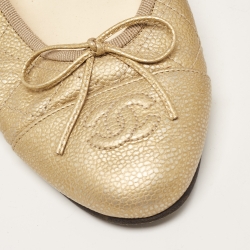 Pre Owned Chanel Gold Quilted Caviar Leather CC Cap Toe Bow Ballet Flats Size 39