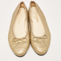 Pre Owned Chanel Gold Quilted Caviar Leather CC Cap Toe Bow Ballet Flats Size 39