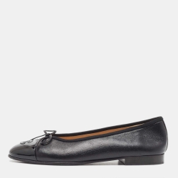 Pre Owned Chanel Black Leather and Patent Cap Toe CC Bow Ballet Flats Size 36