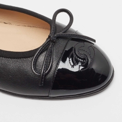 Pre Owned Chanel Black Leather and Patent Cap Toe CC Bow Ballet Flats Size 36
