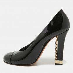 Pre Owned Chanel Black Patent Cap Toe Block Heel Pumps Size 39