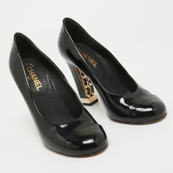 Pre Owned Chanel Black Patent Cap Toe Block Heel Pumps Size 39