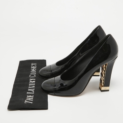 Pre Owned Chanel Black Patent Cap Toe Block Heel Pumps Size 39