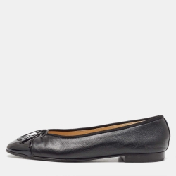 Chanel Black Leather CC Cap Toe Ballet Flats Size 37