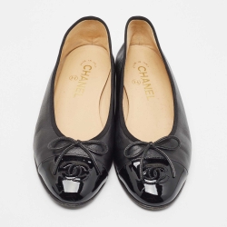 Chanel Black Leather CC Cap Toe Ballet Flats Size 37