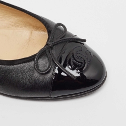 Chanel Black Leather CC Cap Toe Ballet Flats Size 37