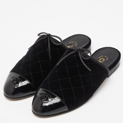 Chanel Black Quilted Velvet and Patent Cap Toe CC Bow Flat Mules Size 36